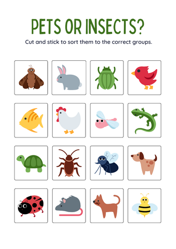 Cut and Stick sorting "Pets or Insects" Activity