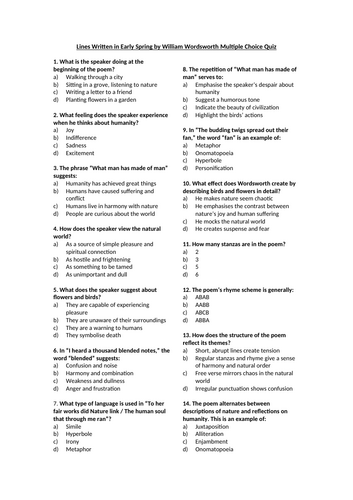 Lines Written in Early Spring by William Wordsworth Multiple Choice Quiz