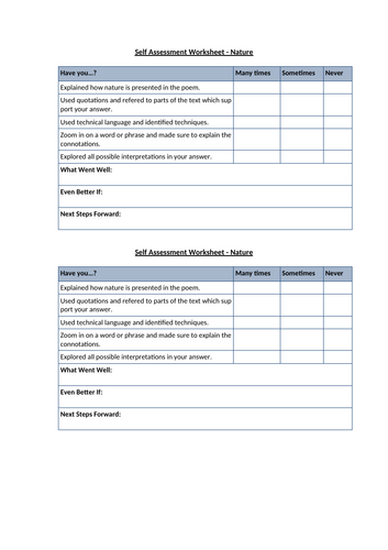 Poetry Self Assessment Worksheet - Nature