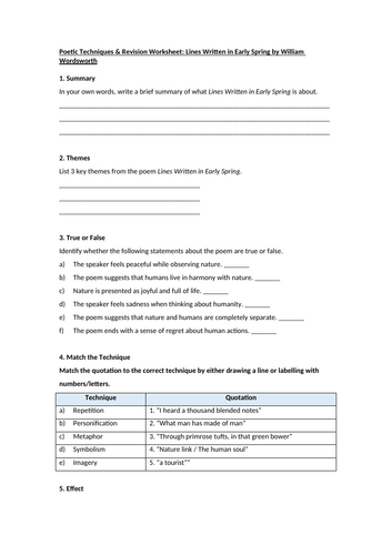 Lines Written in Early Spring by William Wordsworth Worksheet