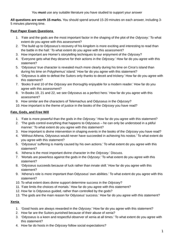 The Homeric World – Odyssey 15-Mark Question Bank (GCSE OCR Classical Civilisations)