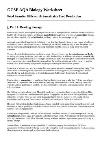 AQA B2 Biology Food Security and Sustainable Food Production