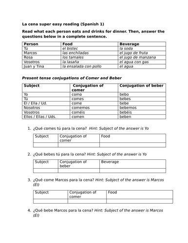 La cena super easy reading (Spanish 1)