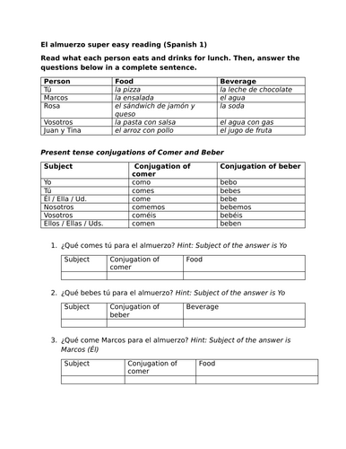 El almuerzo super easy reading (Spanish 1)