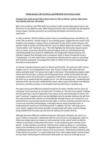 Example Essay Response: Like An Heiress and With Birds You’re Never Lonely (Worlds and Lives)