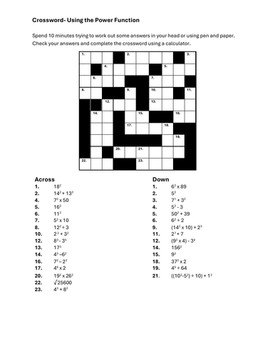Using the power function, squared and cubed numbers -calculator use (2 puzzles)