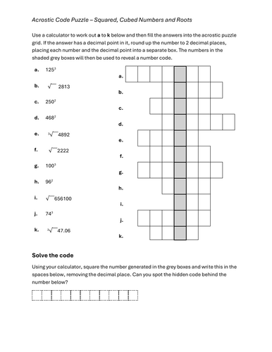 Acrostic Code Puzzle- Squared, Cubed Numbers and Roots