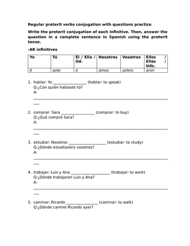 Regular preterit verbs conjugation with questions practice