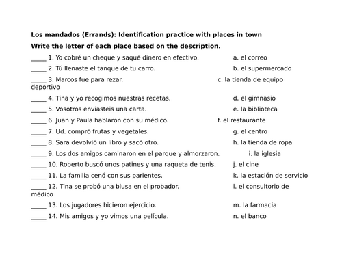 Los mandados (Errands): Identification practice with places in town