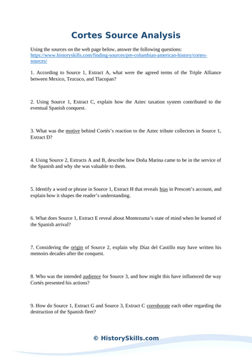 Cortes and the Fall of the Aztecs Source Analysis Worksheet