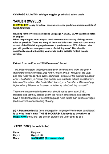 A* SECOND LANGUAGE WELSH A LEVEL revision sheet/ 'cheat sheet'