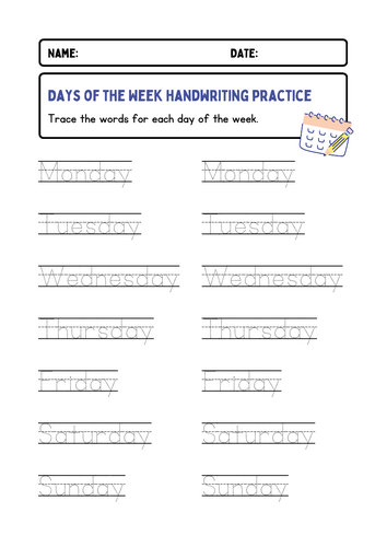 Days of the week - Months of the year tracing worksheet