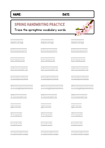 Four seasons vocabularies - Handwriting practice