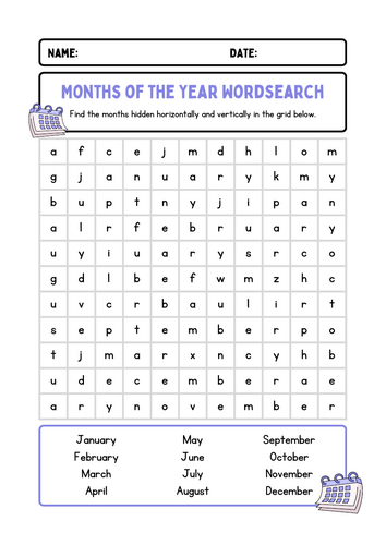 Months of the Year Wordsearch