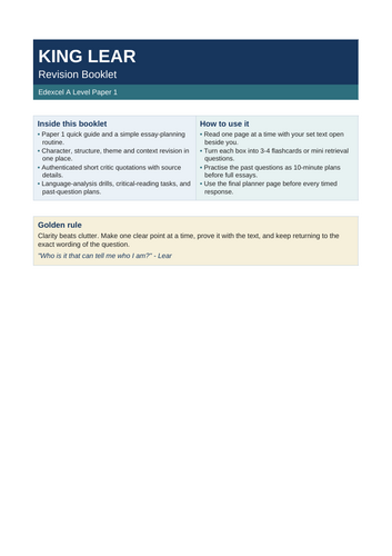 KING LEAR - A LEVEL REVISION BOOKLET