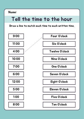 Telling time to the hour matching worksheet