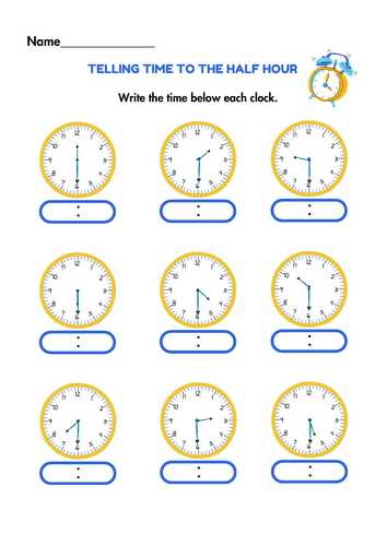 Telling time to the half hour worksheet