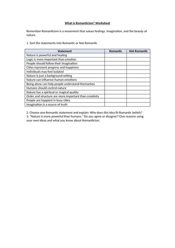 What is Romanticism? Worksheet