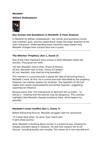 Macbeth – William Shakespeare – Key Scenes and Quotations