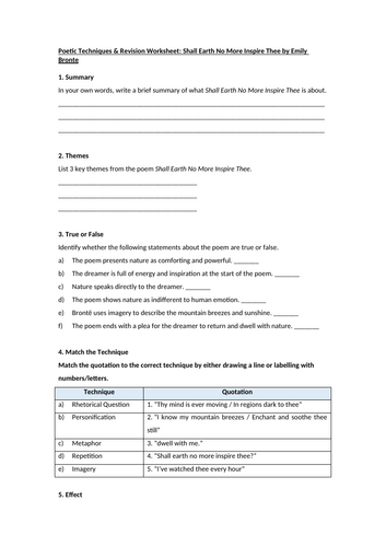 Shall Earth No More Inspire Thee by Emily Bronte Worksheet