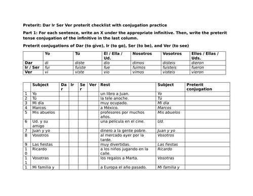 Preterit: Dar Ir Ser Ver preterit checklist with conjugation practice