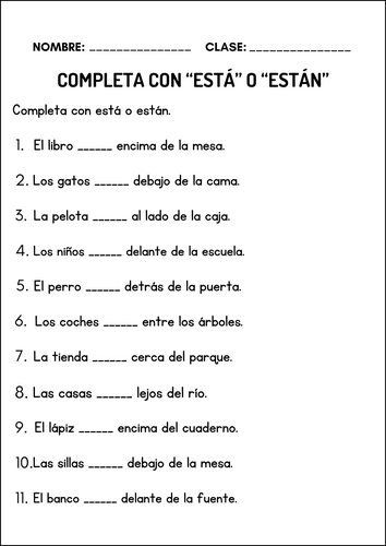 Prepositions of Place Worksheets and Activities Spanish Preposiciones de lugar
