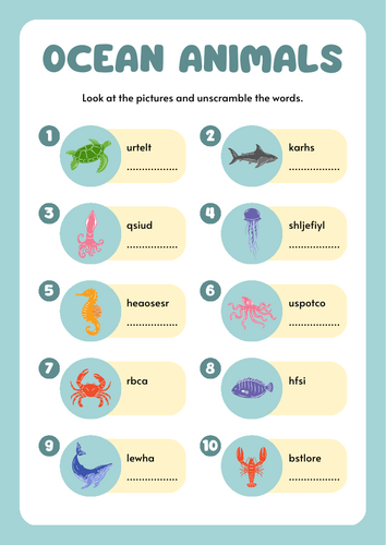 Sea/ Ocean animals word unscramble worksheet