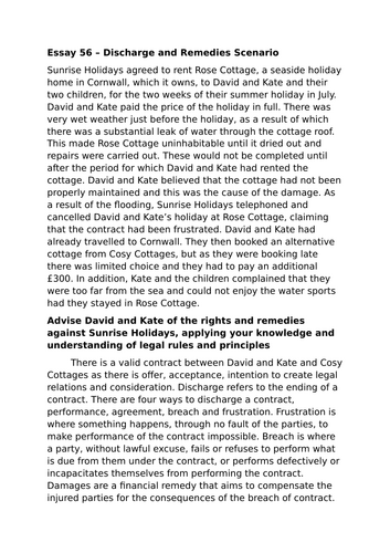 A-Level Law: 2022 Discharge & Remedies Scenario Model + Plan - Eduqas Contract Law
