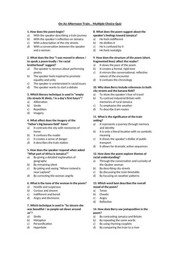 On An Afternoon Train… Multiple Choice Quiz