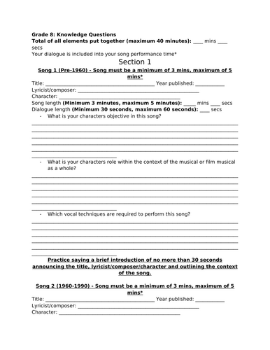 LAMDA Grade 8 Musical Theatre – Knowledge Questions Workbook