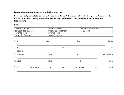 Los quehaceres sentence completion practice