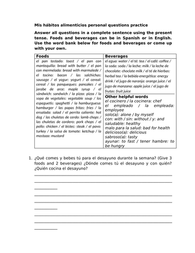 Mis hábitos alimenticios personal questions practice