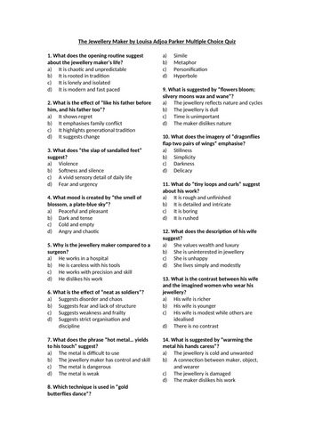 The Jewellery Maker by Louisa Adjoa Parker Multiple Choice Quiz