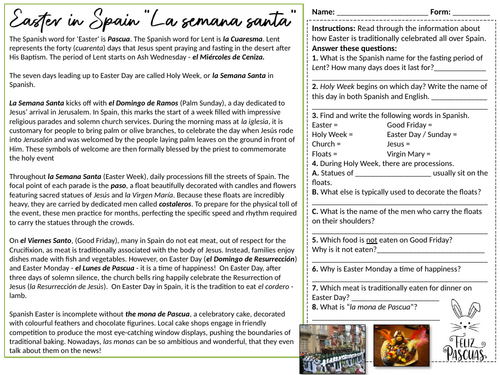 Easter in Spain Worksheet KS3