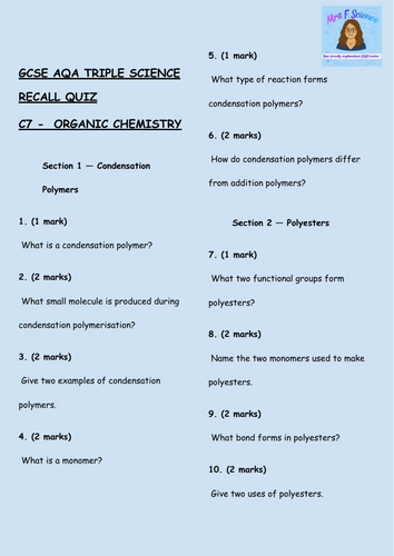 GCSE AQA Triple Chemistry – Organic Chemistry Retrieval Practice