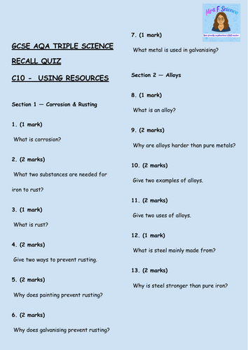 GCSE AQA Triple Chemistry – Using Resources Retrieval Questions