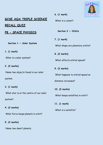 GCSE AQA Triple Physics – Space Physics Retrieval Questions