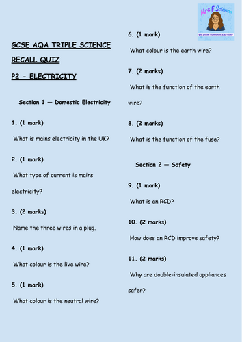 GCSE AQA Triple Physics – Electricity Exam-Style Retrieval