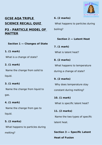 GCSE AQA Triple Physics – Particle Model of Matter Retrieval