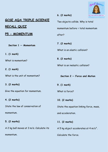 GCSE AQA Triple Physics – Forces Retrieval Questions (Momentum & Pressure)