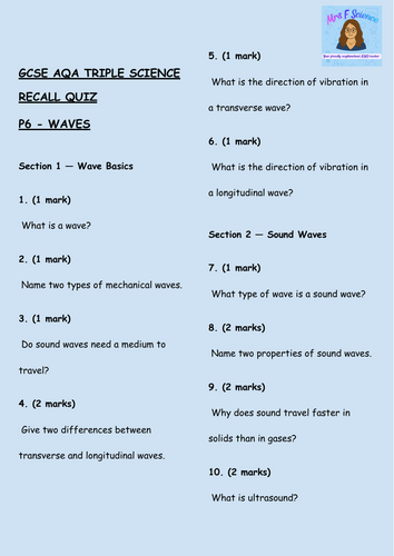 GCSE AQA Triple Physics – Waves Retrieval Questions (Sound & Wave Equation)