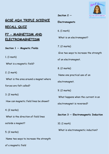 GCSE AQA Triple Physics – Magnetism & Electromagnetism Retrieval