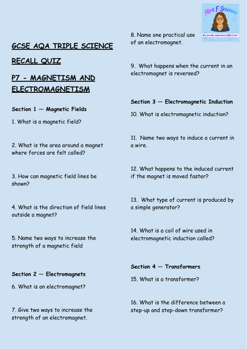 GCSE AQA Triple Physics – Magnetism & Electromagnetism Retrieval ...