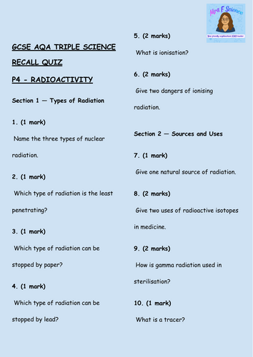 GCSE AQA Triple Physics – Radioactivity Retrieval Questions (Half-Life & Safety)