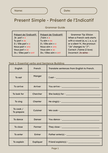 French -ER Verbs Present Tense: 3-Page Dyslexia-Friendly Workbook (A1/KS3)