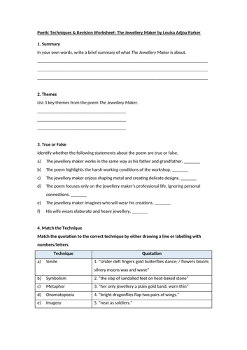 The Jewellery Maker by Louisa Adjoa Parker Worksheet