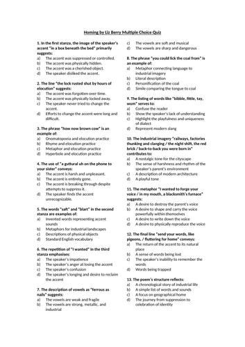 Homing by Liz Berry Multiple Choice Quiz
