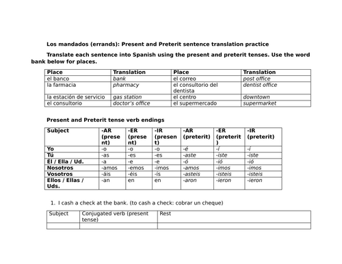 Los mandados (errands): Present and Preterit sentence translation practice