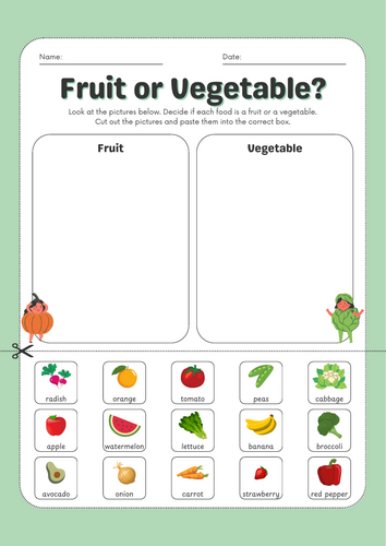 Fruits and Vegetables Sorting Activity - Cut and Paste