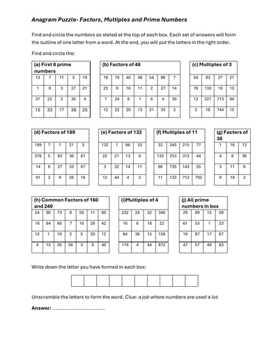 Anagram Puzzle- Factors, Multiples and Primes